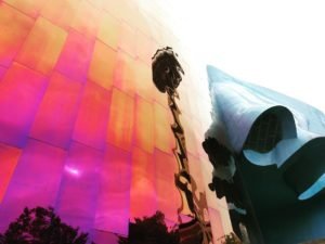 The Space Needle reflected in the EMP Museum in Seattle, WA