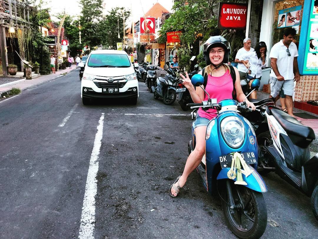 Ashley Boggs scootering in Ubud, Bali